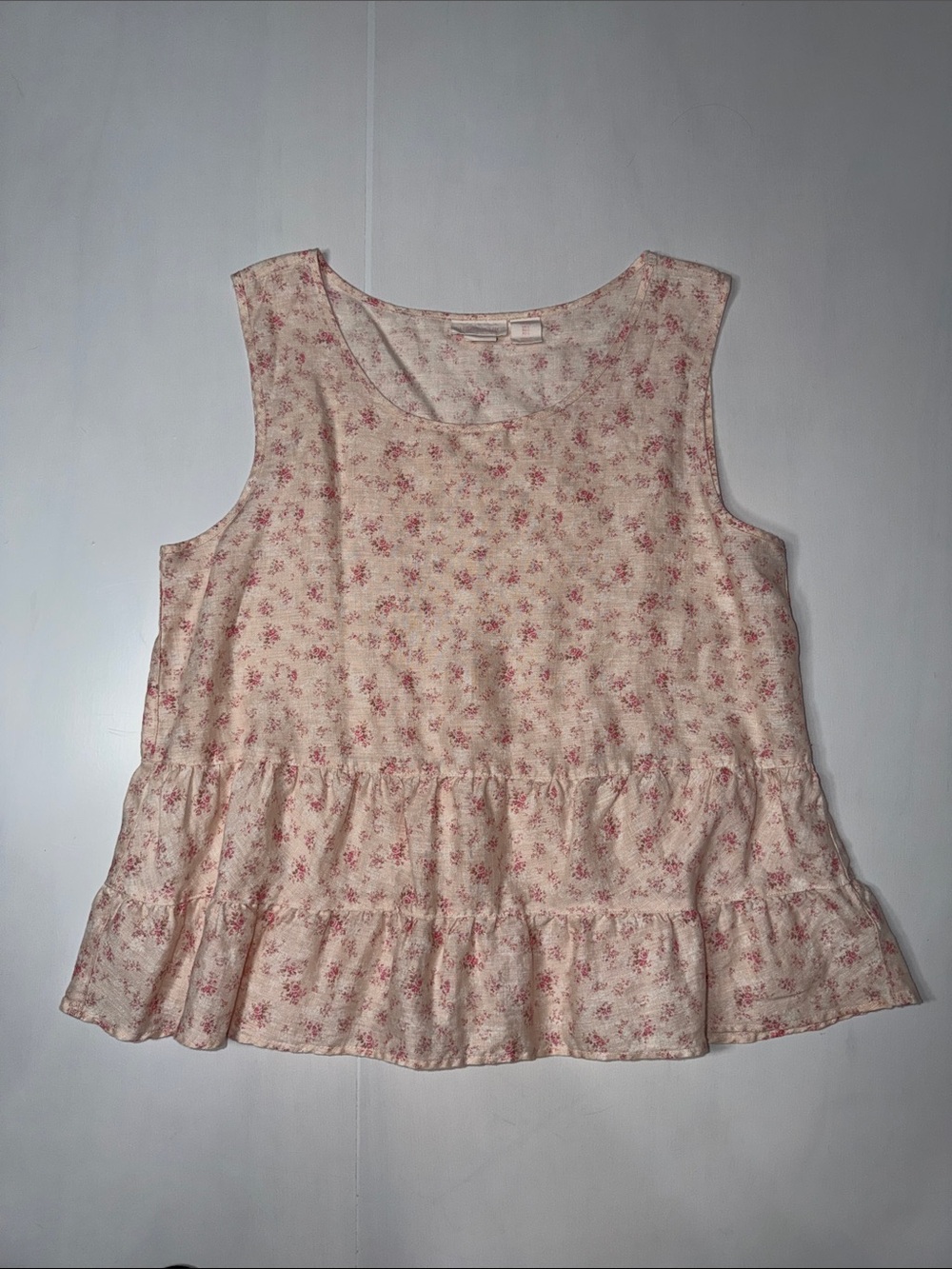 Shabby Chic Pink Linen Sleeveless Floral Peplum Top